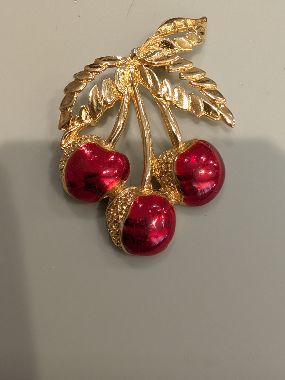 Gold Cherry Leaf Brooch with Red Enamel Fruit